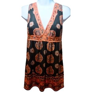 Max Studio Top Sleeveless Bohemian Babydoll Blouse, Orange, Peach, Black, Small